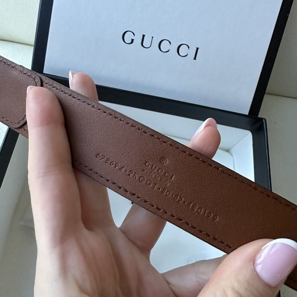 NEW GUCCI BELT 678694 GG LOGO DENIM CANVAS BROWN LEATHER BUCKLE 80 cm 32 In - Picture 7 of 8